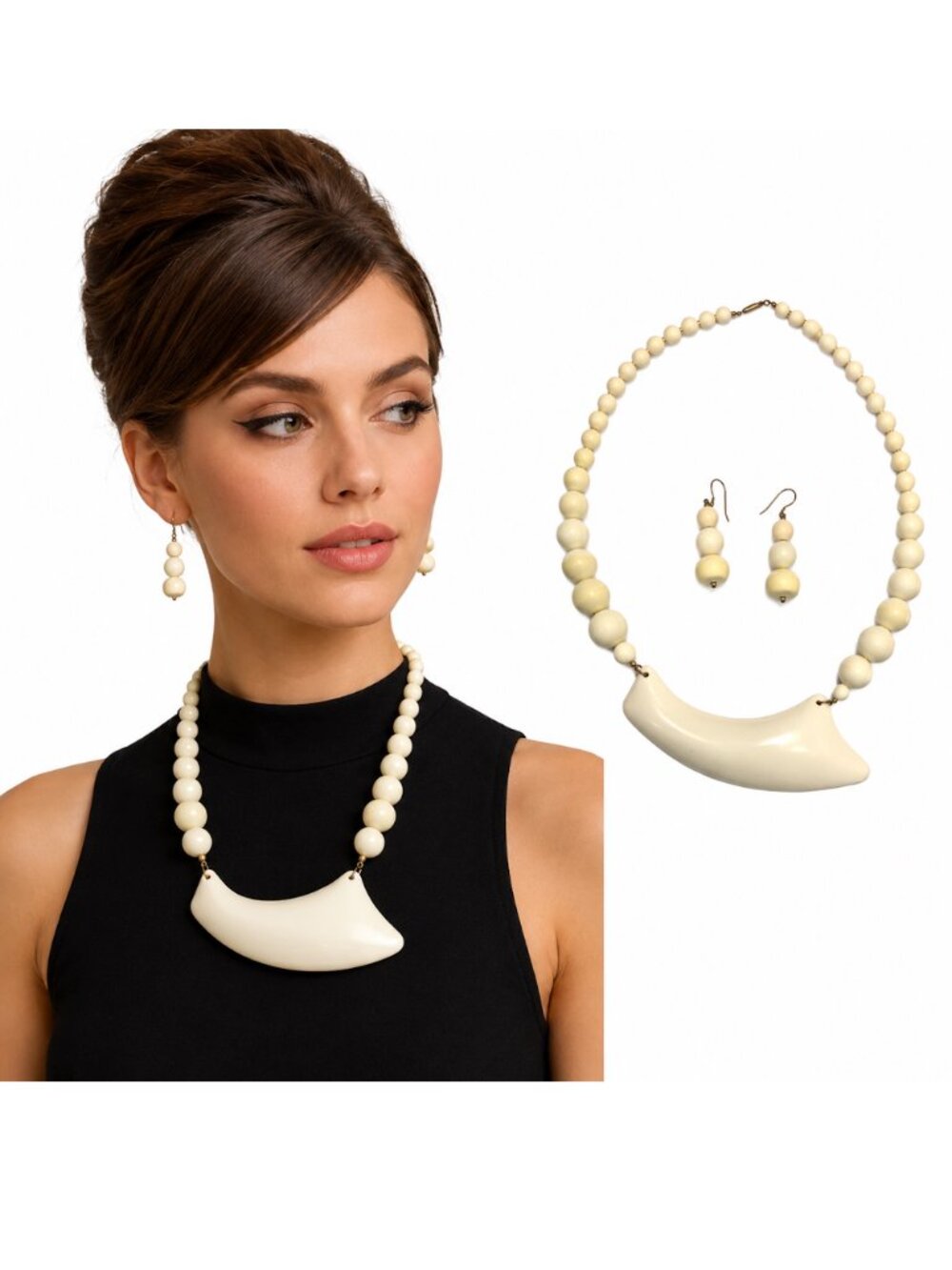 Vintage 60s Mod Resin Necklace Earrings Set Ivory Statement Jewelry